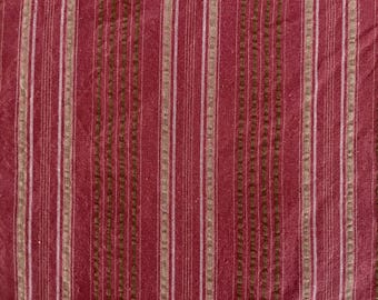 56" wide upholstery fabric, heavy-weight with some texture, cotton or cotton blend salmon, white and tan stripes, excellent condition, BTY.
