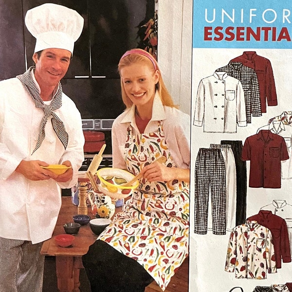 UNCUT 1991 McCall's 2233 unisex uniform essentials, size 50-52, chef coat, chef hat, restaurant coat, restaurant shirt, apron, scarf, pants