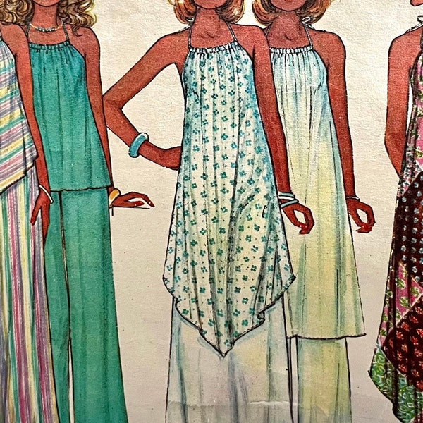 UNCUT 1976 McCall's 5110 misses' handkerchief style top, tunic or dress in 3 lengths, tie at neck, sleeveless, pants; size 14-16, bust 36-38