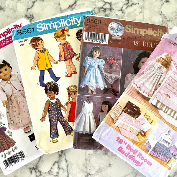 UNCUT 18" doll clothes and accessories patterns, each sold separately; some by designers, some vintage, French heirloom, and bedding.