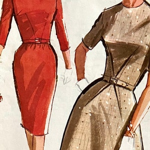 Könnte beinhalten: Zwei Vintage-Illustrationen von Frauen in Kleidern. Die Frau links trägt ein rotes Kleid mit Gürtel. Die Frau rechts trägt ein braunes Kleid mit weißen Punkten und Gürtel.