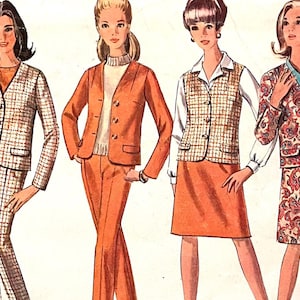 May include: Four women's fashion illustrations showing different outfit styles. The first woman is wearing a plaid pantsuit. The second woman is wearing a matching orange pantsuit with a white sweater underneath. The third woman is wearing a white blouse with a plaid vest and a matching orange skirt. The fourth woman is wearing a paisley print pantsuit.