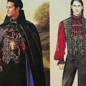 May include: Image of a costume pattern featuring a man in a black cape with a high collar, a ruffled shirt, and a decorative vest. The vest has a gold and black pattern. The shirt has red sleeves and cuffs.
