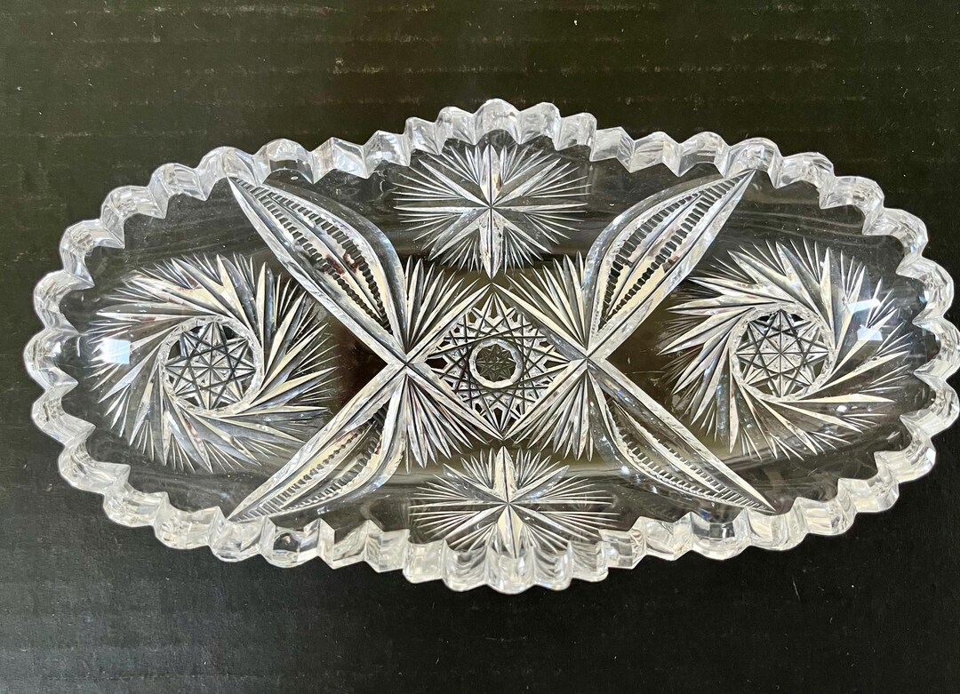 Antique ABP Cut Glass Relish Dish With Heavy Crenelated Rim, Ray Stars ...
