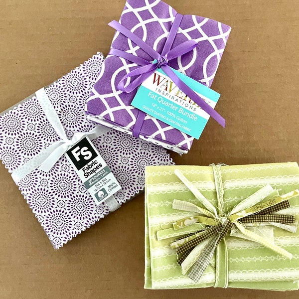 Lot of 3 packs of pre-cut quilting cotton fabrics in lilac and green; 5 Waverly fat quarters, Fabric Shapes 5" squares, 7 green fat quarters