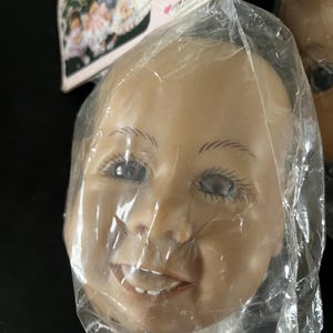 May include: Close-up of a doll's head with a smiling expression. The head is made of a realistic-looking material and has painted features, including brown eyes, eyebrows, and a mouth with teeth. The head is packaged in a clear plastic bag.