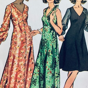 Könnte beinhalten: Illustration von drei Vintage-Kleidern. Das erste Kleid ist ein langes V-Ausschnitt-Kleid mit langen Ärmeln und einem Blumenmuster in Orange- und Gelbtönen. Das zweite Kleid ist ein grünes Neckholder-Kleid mit Blumenmuster. Das dritte Kleid ist ein schwarzes V-Ausschnitt-Kleid mit transparenten Ärmeln.