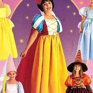 UNCUT 1997 McCall&#39;s 384, little girl&#39;s princess costumes pattern; Rapunzel and hair, Snow White, Cinderella, Belle, a witch; sizes 4-5-6.
