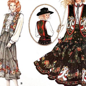 May include: A vintage sewing pattern for a two-piece outfit featuring a vest and a tiered skirt. The vest has a southwestern-inspired design with a geometric pattern in red, white, and black. The skirt has a festive print with a Christmas theme, featuring images of Santa Claus, presents, and reindeer. The pattern is labeled "B" in the bottom right corner.