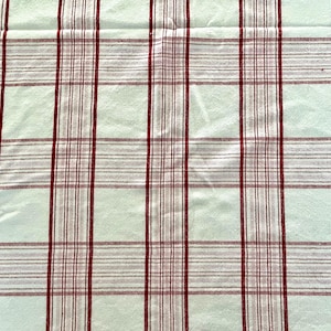 May include: A textile fabric featuring a plaid pattern with a light mint green background. The design consists of intersecting vertical and horizontal lines in deep red and thin, muted pink stripes, creating a classic grid-like tartan appearance.