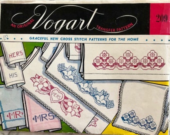 Vintage HIS HERS FLORAL Vogart 147 Pillow Case Towels Unused Embroidery Transfer 