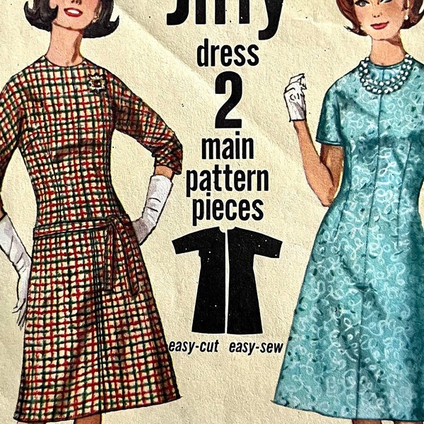 Complete 1960's Simplicity 5066 misses' Jiffy dress pattern, high round neckline, darted fit, kimono sleeves, back zipper; size 16, bust 36"