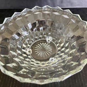 May include: A clear glass bowl with a diamond pattern and three small feet on the bottom. The bowl is empty.