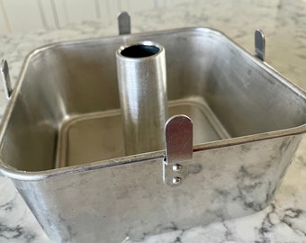 Vintage Wear-Ever square aluminum tube pan for angel food and chiffon cakes; measures 9.25" square at top rim x 4" tall, center tube is 5".