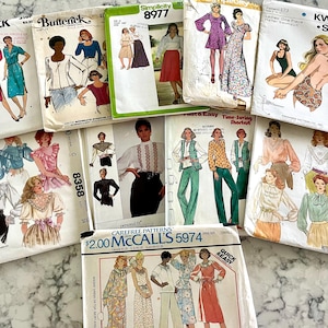 Bundle of 10 vintage sewing patterns from the 70&#39;s and 80&#39;s for women size 12, bust 34&quot;, 5 of them uncut; dresses, tops, pants, skirts!