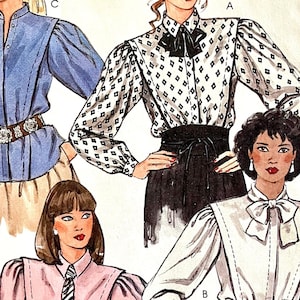 Complete 1984 McCall&#39;s 9236 misses&#39; hidden front button placket blouse, exaggerated shoulders, puffy sleeves, neck options; size 16, bust 38