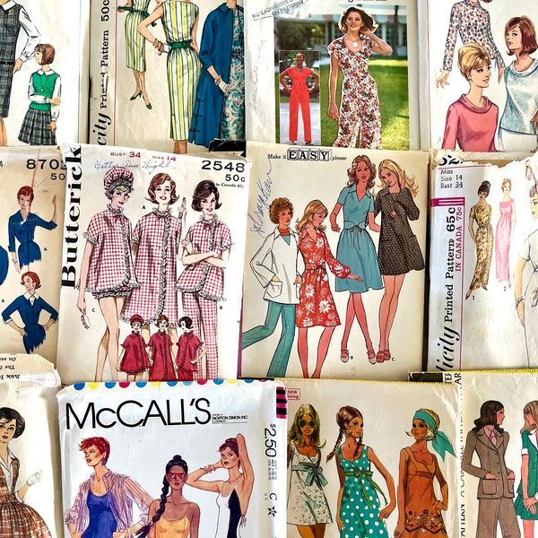 UNCUT/complete 12 vintage sewing patterns for women from the 50's-60's-70's, all gone through for completeness, all in great condition.