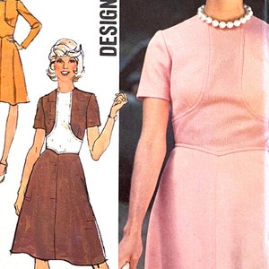 UNCUT 1973 Simplicity 6145 misses&#39; designer fashion dress with shaped front insert, high round neckline, in set sleeves; size 14, bust 36&quot;.