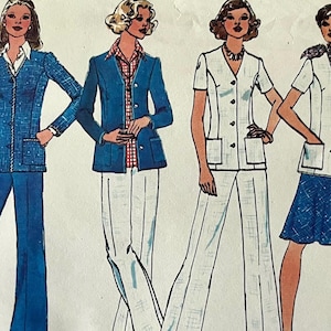 May include: Illustration of four women wearing vintage outfits. The outfits include blue blazers, white blouses, and a blue skirt. The outfits are paired with white and blue pants. The image is a fashion illustration.