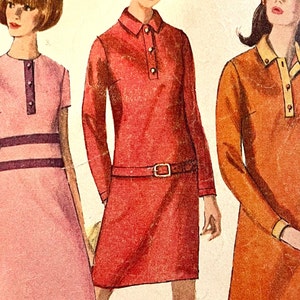 Op de afbeelding: Drie vintage jurkpatronen met een roze, rode en oranje jurk met een kraag en lange of korte mouwen.