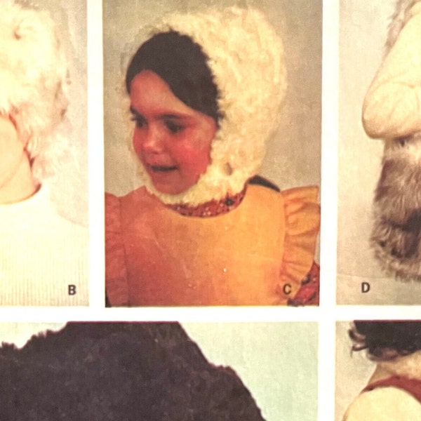 UNCUT 1971 McCall's 2966 men's and woman's fur cloth hats in 2 sizes, child's fur cloth hat in 2 sizes, fur cloth bag, suede handbag.