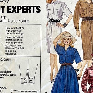 May include: A sewing pattern featuring three women wearing different styles of button-down dresses. The pattern includes instructions for a painless placket and an easy one-piece collar/band.