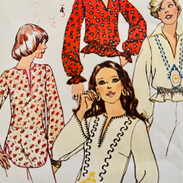 UNCUT 1974 Simplicity 6777 misses' pullover boho tunic or gathered waist and wrist slit-neck shirt, embroidery transfer; size 14, bust 36"