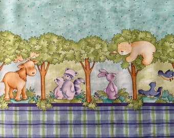 43" wide all cotton children's border print fabric, forest scene in robin's egg blue, purple and green plaid, Cathy Heck for Springs.