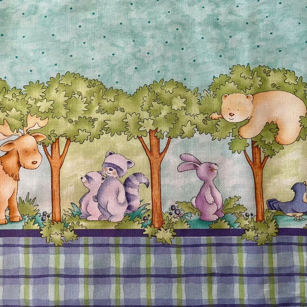43" wide all cotton children's border print fabric, forest scene in robin's egg blue, purple and green plaid, Cathy Heck for Springs.