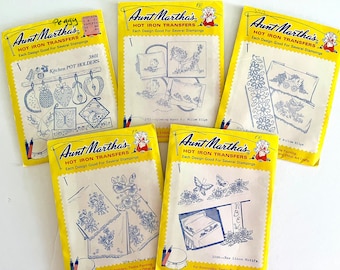 UNCUT, most unopened, vintage Aunt Martha's hot iron embroidery transfers for linens, textiles, crafts, selling separately.