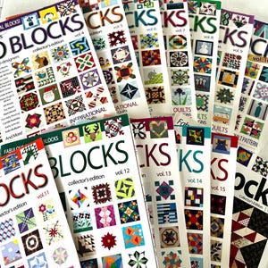 May include: A collection of Quiltmaker's 100 Blocks collector's edition magazines. The covers feature colorful quilt block designs and the text "100 Blocks" in large letters. Volumes 4 through 16 are visible, with additional text including "Inspirational Quilts".