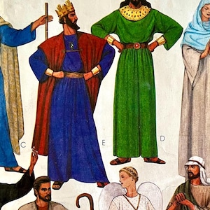 May include: Illustration of several figures in religious attire. The figures include a king in a blue robe and red cape, a person in a green robe, and a person in a blue head covering. The image is a vintage illustration.