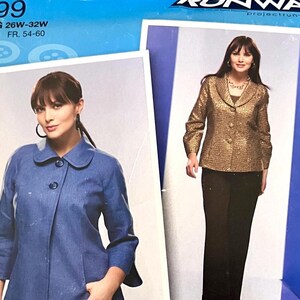 May include: A sewing pattern envelope labeled 2899, size GG 26W-32W, featuring two jacket designs. One is a blue jacket with a rounded collar and three-quarter sleeves. The other is a gold textured jacket with a notched collar and long sleeves.