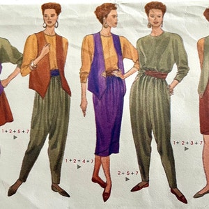 May include: Four women's fashion illustrations showing different outfit combinations with vests, pants, skirts, and tops. The illustrations are in a vintage style and feature a variety of colors and patterns.