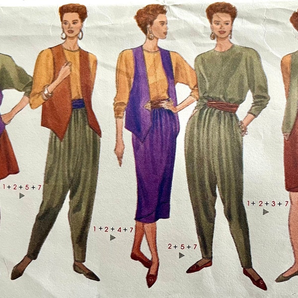 non-coupe 1990 Butterick 5071 : rapide et facile pour femme, 7 pièces : pantalons martelés, jupes, gilet, haut ; Tailles 6-14 incluses.