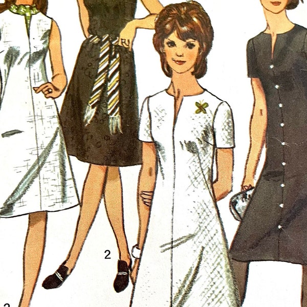 Complete 1970 Simplicity 9221 misses' Jiffy sew slit neckline dress with short set-in sleeves or sleeveless; size 18, bust 40".