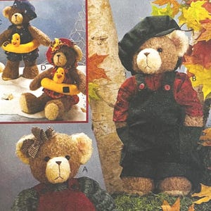 UNCUT 1998 McCall's 9389 Straw Stockings bear dolls and clothing; each bear 13" tall with jumpsuit, swimsuit, float, hats, more!
