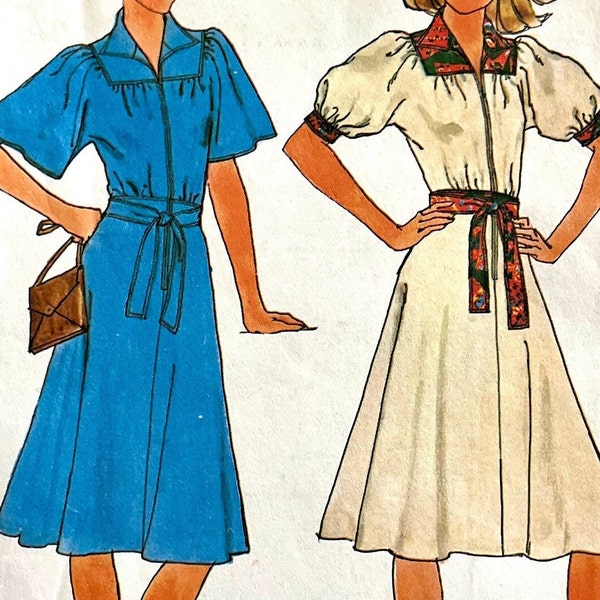 UNCUT 1976 Simplicity 7845 misses' front zip yoked dress with flared skirt, cuffed or flared sleeves, tie ends belt; size 14, bust 36".