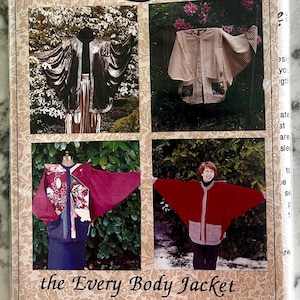 May include: A sewing pattern envelope titled the Every Body Jacket featuring four photographs of jackets with wide sleeves and various fabric designs, including a metallic silver jacket, a striped jacket, a floral patchwork jacket, and a solid red jacket.
