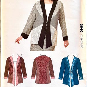 May include: A sewing pattern for a jacket with three different design options. The pattern is for sizes 1X-2X-3X-4X. The jacket has a V-neck and a long, open front. The first design option is a brown jacket with pink and brown patterned fabric. The second design option is a brown jacket with a red and brown patterned fabric. The third design option is a blue jacket with a blue and white patterned fabric.