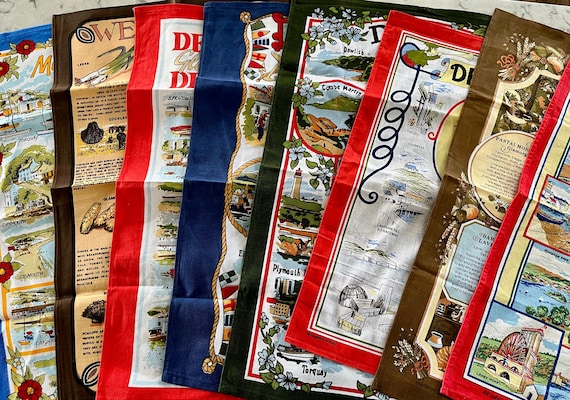 UNUSED vintage all-cotton tea towels made in England featuringDevonshire, Welsh culture, geography, recipes and more! Selling separately.