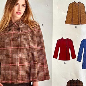 May include: A sewing pattern for a cape with three different styles. The first style is a brown plaid cape, the second is a red jacket, and the third is a blue jacket. The pattern includes instructions for making each style.