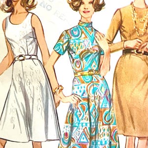 Patrón de vestido extra para señorita Simplicity 9549 vintage de 1971 con corpiño ajustado, opciones de mangas y falda amplia o estrecha; talla 42, busto 46".