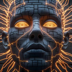 Può includere: Immagine di arte digitale di un volto umanoide con occhi arancioni luminosi e linee di energia. Il volto è costruito con un motivo grigio a blocchi, con linee di energia che emanano dalla testa.