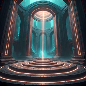 Puede incluir: Ilustración arquitectónica de un interior futurista. La escena presenta grandes columnas con acentos de neón naranja, una plataforma circular y un brillante haz de luz que desciende de un techo abovedado. La paleta de colores incluye tonos de gris, verde azulado y naranja.