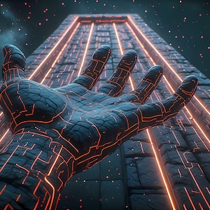 Peut inclure: Œuvre d'art numérique représentant une grande main texturée avec des motifs de circuits orange lumineux. La main tend vers une haute structure illuminée sur un fond sombre et étoilé. Le thème général est futuriste et technologique.