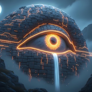 Op de afbeelding: Digitaal kunstwerk van een bolvormige structuur met een gloeiend oogontwerp. Het oog is omlijnd met oranje licht, met een waterval die eruit stroomt. Een volle maan en bergen op de achtergrond creëren een surrealistische scène.