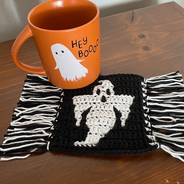 Ghost Motif Halloween Mug Rug Coaster, Mosaic Crochet