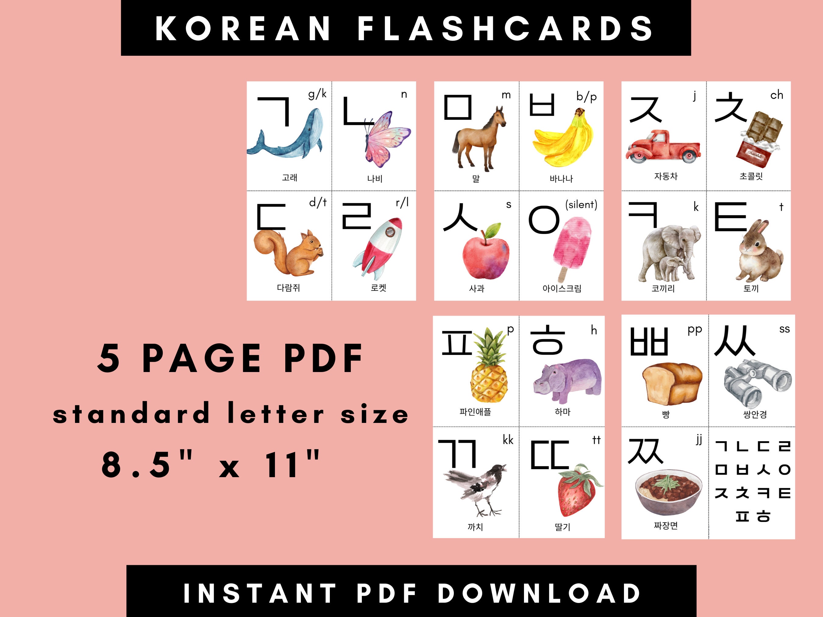 Printable Korean Flashcards Hangul Hangeul With English Sounds Etsy