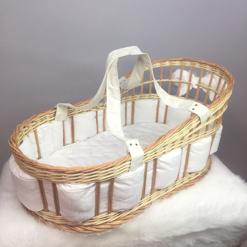 Hooded Wicker Wheel Baby Moses Basket Bassinet Crib With Full Cotton Bedding Set Liner Cover And Mattress - Grey/Pink